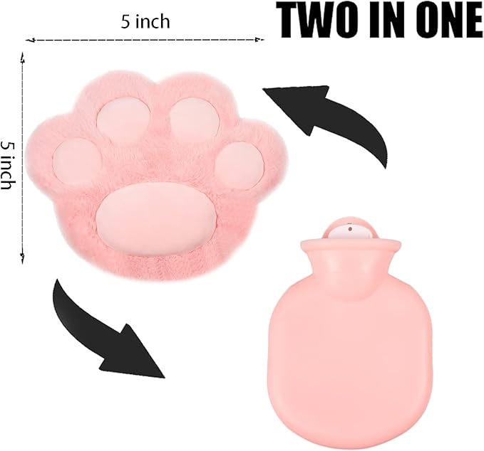 Mini Cat Paw Hot Water Bottle – Two-in-One Design with Removable Plush Cover, Leak-Proof & Portable (5 Inch, Pink)