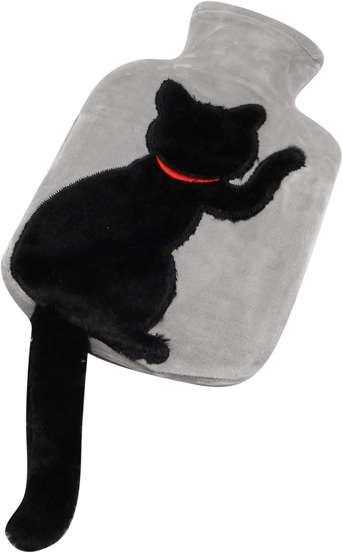 Cute Black Cat Plush Hot Water Bottle – Leak-Proof with Pink PVC Liner, Soft Cover for Cramps, Hands & Cozy Relief