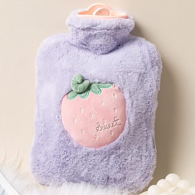 Cute Strawberry Plush Hot Water Bottle – Leak-Proof, Soft Cover, Cozy Warmer for Hands, Stomach & Cramps (Purple)