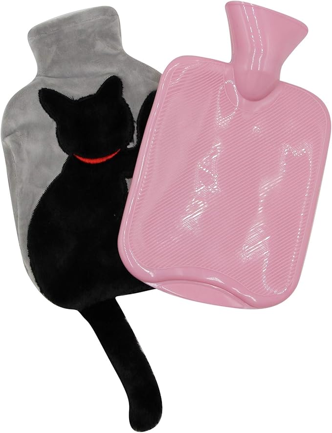 Cute Black Cat Plush Hot Water Bottle – Leak-Proof with Pink PVC Liner, Soft Cover for Cramps, Hands & Cozy Relief
