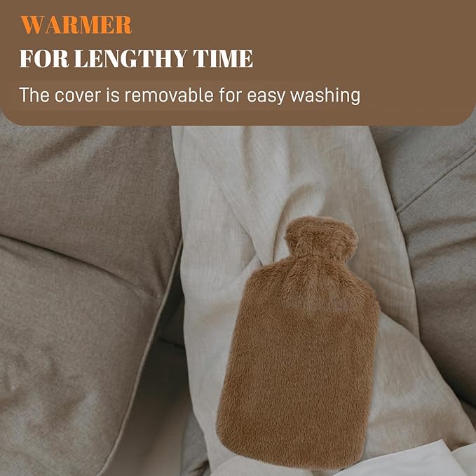 2L Large Hot Water Bottle with Removable Plush Cover – Anti-Leak, Heat-Resistant, Full Body Warmer (Coffee Brown)