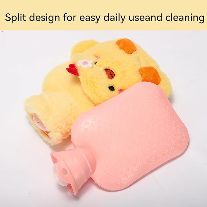 Mini Hot Water Bottle with Cute Chick Plush Cover – 500ml Portable Leak-Proof PVC Warmer for Hands & Stomach (Yellow)