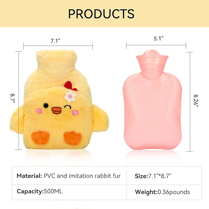 Mini Hot Water Bottle with Cute Chick Plush Cover – 500ml Portable Leak-Proof PVC Warmer for Hands & Stomach (Yellow)