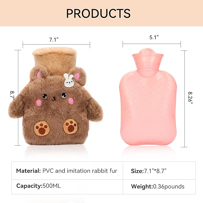 Mini Hot Water Bottle with Cute Plush Animal Cover – 500ml Portable PVC Warm Bag, Anti-Leak & Soft for Hand or Body Heating