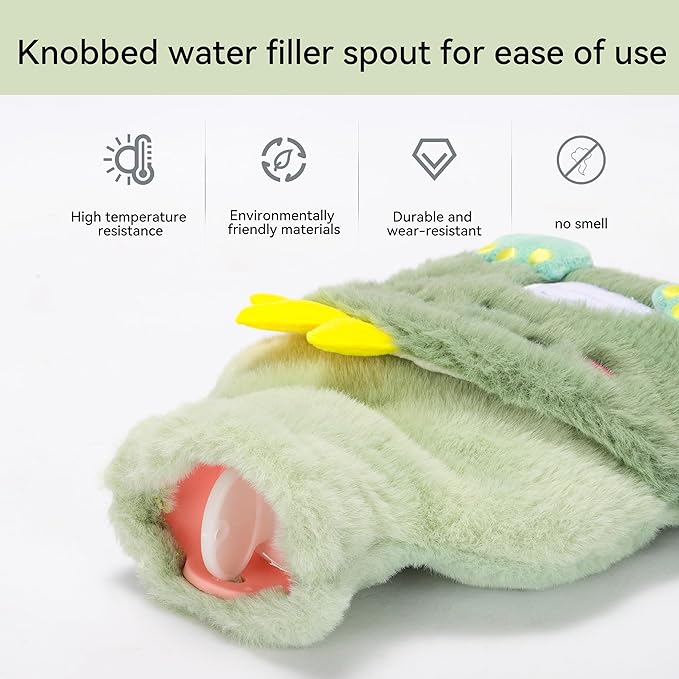 Cute Dinosaur Plush Hot Water Bottle – 500ml Mini Warmer with Leak-Proof PVC Liner & Removable Soft Cover (Green)