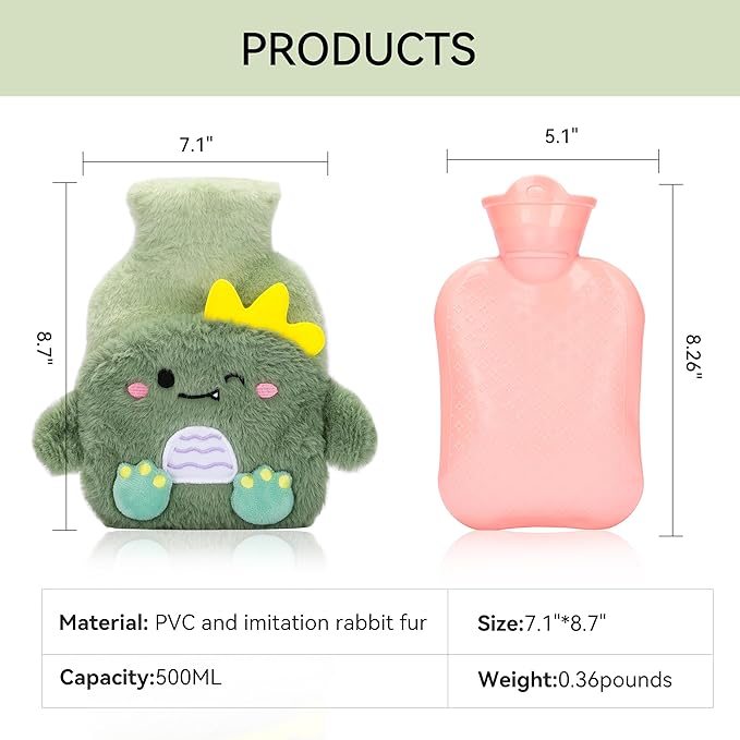Cute Dinosaur Plush Hot Water Bottle – 500ml Mini Warmer with Leak-Proof PVC Liner & Removable Soft Cover (Green)