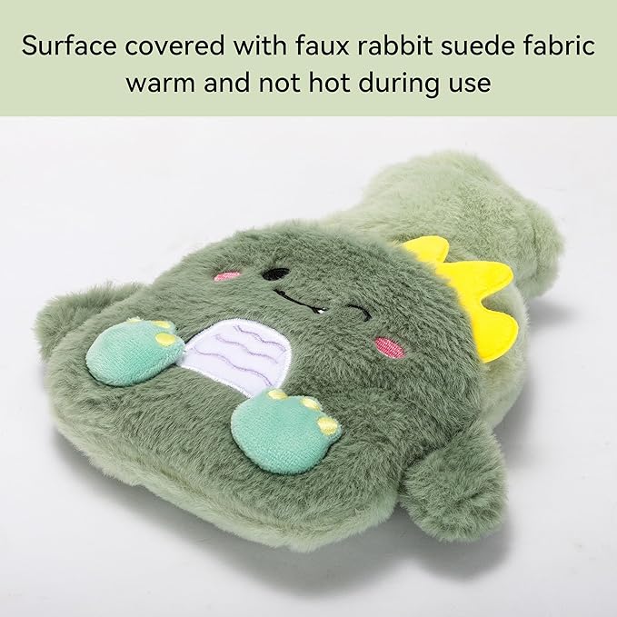 Cute Dinosaur Plush Hot Water Bottle – 500ml Mini Warmer with Leak-Proof PVC Liner & Removable Soft Cover (Green)