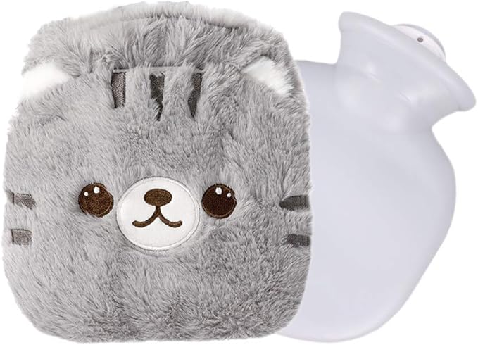 Two-in-One Mini Cat Plush Hot Water Bottle – 320ml Portable Leak-Proof Warmer with Removable Soft Cover (Gray)