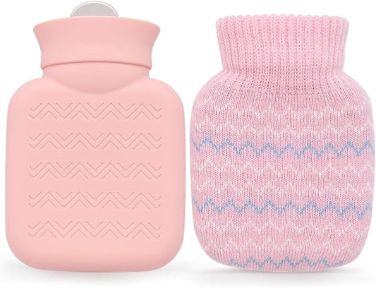 Mini Hot Water Bottle with Pink Knitted Cover – Portable Leak-Proof Warmer for Hands & Cramps (6.5 × 4.3 Inches)