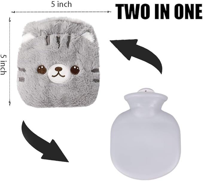 Two-in-One Mini Cat Plush Hot Water Bottle – 320ml Portable Leak-Proof Warmer with Removable Soft Cover (Gray)
