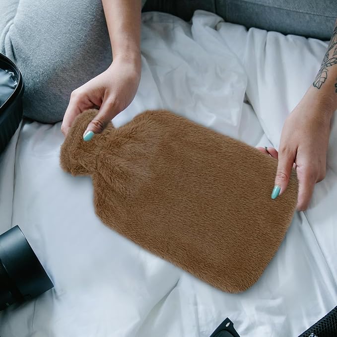 2L Large Hot Water Bottle with Removable Plush Cover – Anti-Leak, Heat-Resistant, Full Body Warmer (Coffee Brown)
