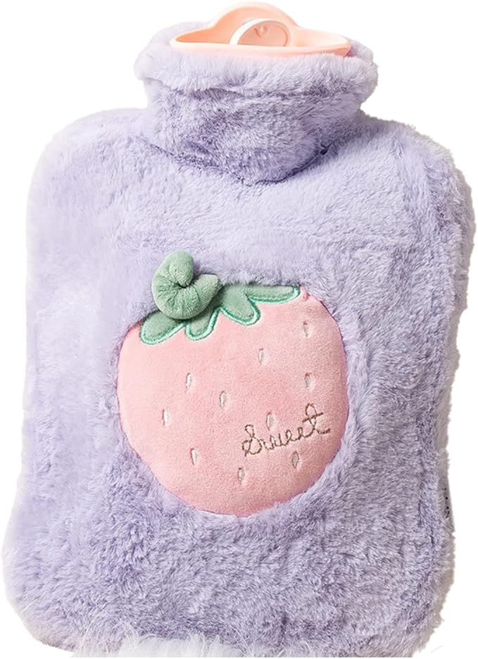 Cute Strawberry Plush Hot Water Bottle – Leak-Proof, Soft Cover, Cozy Warmer for Hands, Stomach & Cramps (Purple)