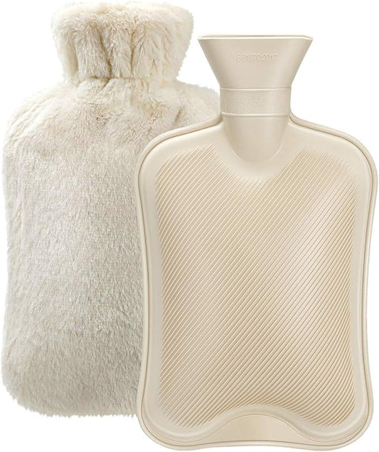 Large Hot Water Bottle with Plush Cover – 32×20cm, Anti-Leak PVC, 2.5mm Thick, Skin-Friendly, Removable Cover (Ivory White)