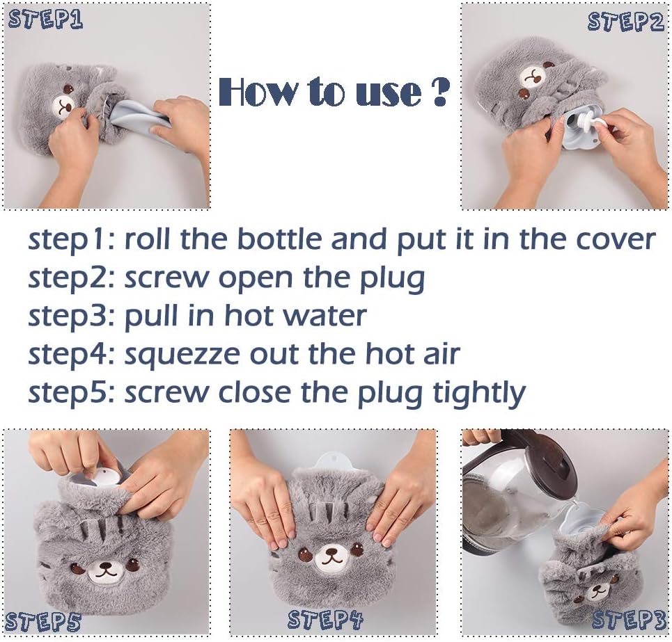 Two-in-One Mini Cat Plush Hot Water Bottle – 320ml Portable Leak-Proof Warmer with Removable Soft Cover (Gray)