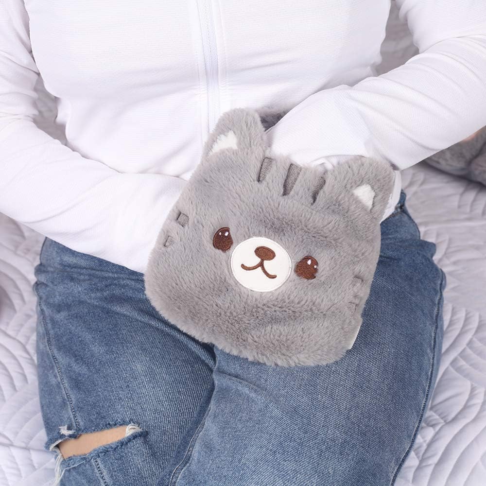 Two-in-One Mini Cat Plush Hot Water Bottle – 320ml Portable Leak-Proof Warmer with Removable Soft Cover (Gray)