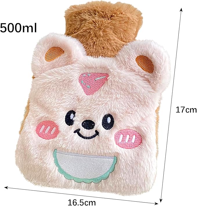 Cute Bear Plush Hot Water Bottle – 500ml Leak-Proof Mini Warmer with Soft Removable Cover (17×16.5cm)