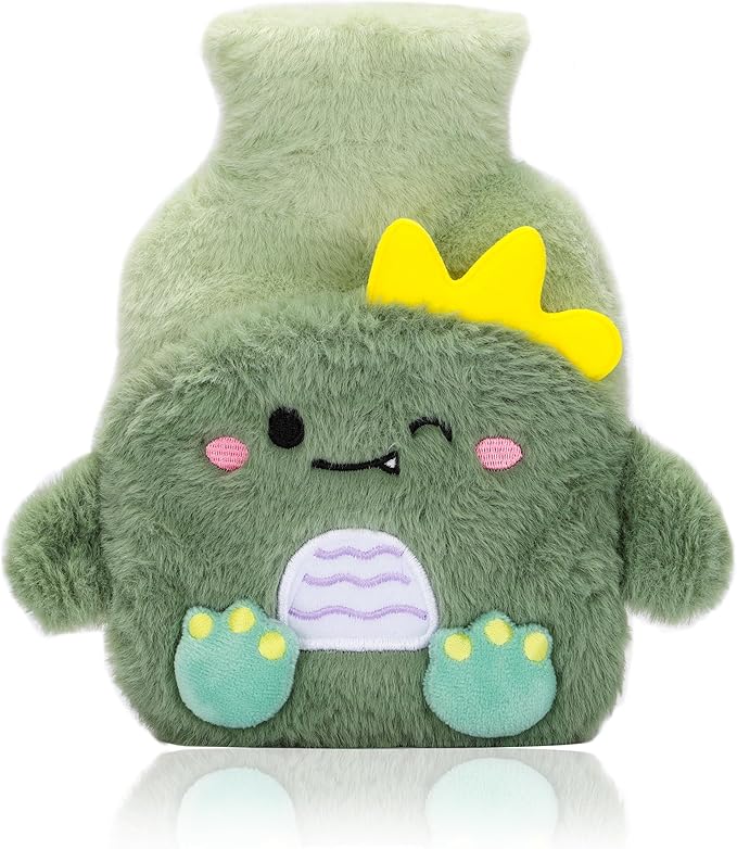 Cute Dinosaur Plush Hot Water Bottle – 500ml Mini Warmer with Leak-Proof PVC Liner & Removable Soft Cover (Green)