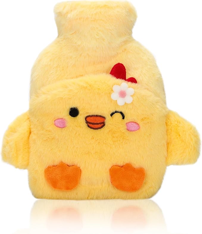 Mini Hot Water Bottle with Cute Chick Plush Cover – 500ml Portable Leak-Proof PVC Warmer for Hands & Stomach (Yellow)