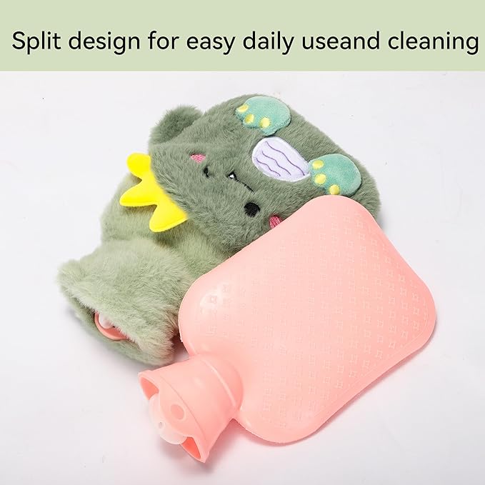 Cute Dinosaur Plush Hot Water Bottle – 500ml Mini Warmer with Leak-Proof PVC Liner & Removable Soft Cover (Green)