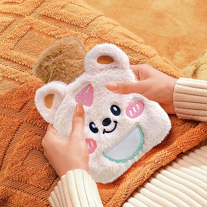 Cute Bear Plush Hot Water Bottle – 500ml Leak-Proof Mini Warmer with Soft Removable Cover (17×16.5cm)