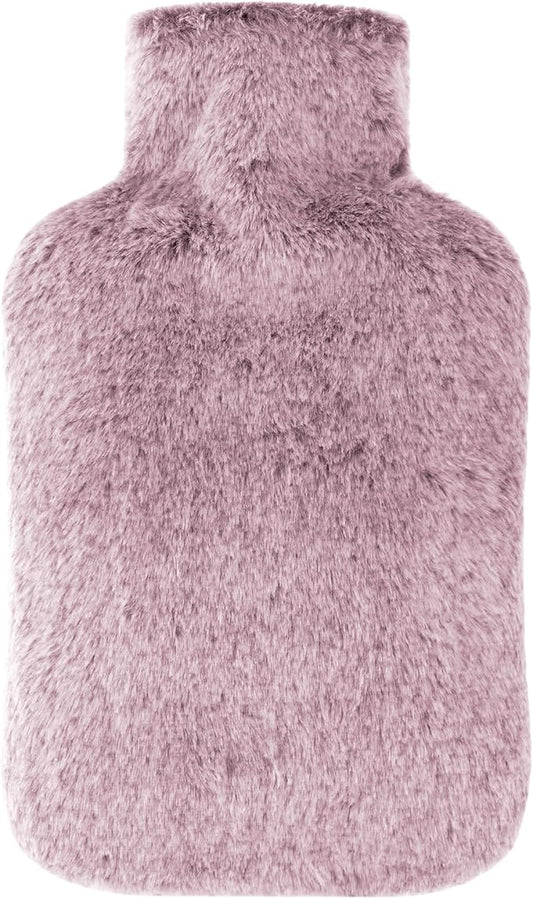 Large Hot Water Bottle with Soft Fleece Cover – 34×23.5cm, Leak-Proof Wide Mouth Design, Removable Plush Sleeve, 2L Capacity (Purple-Pink)