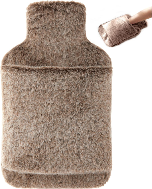 Large Hot Water Bottle with Hand Warmer Pocket – 2L Leak-Proof PVC Bottle with Soft Faux Fur Removable Cover (Brown)